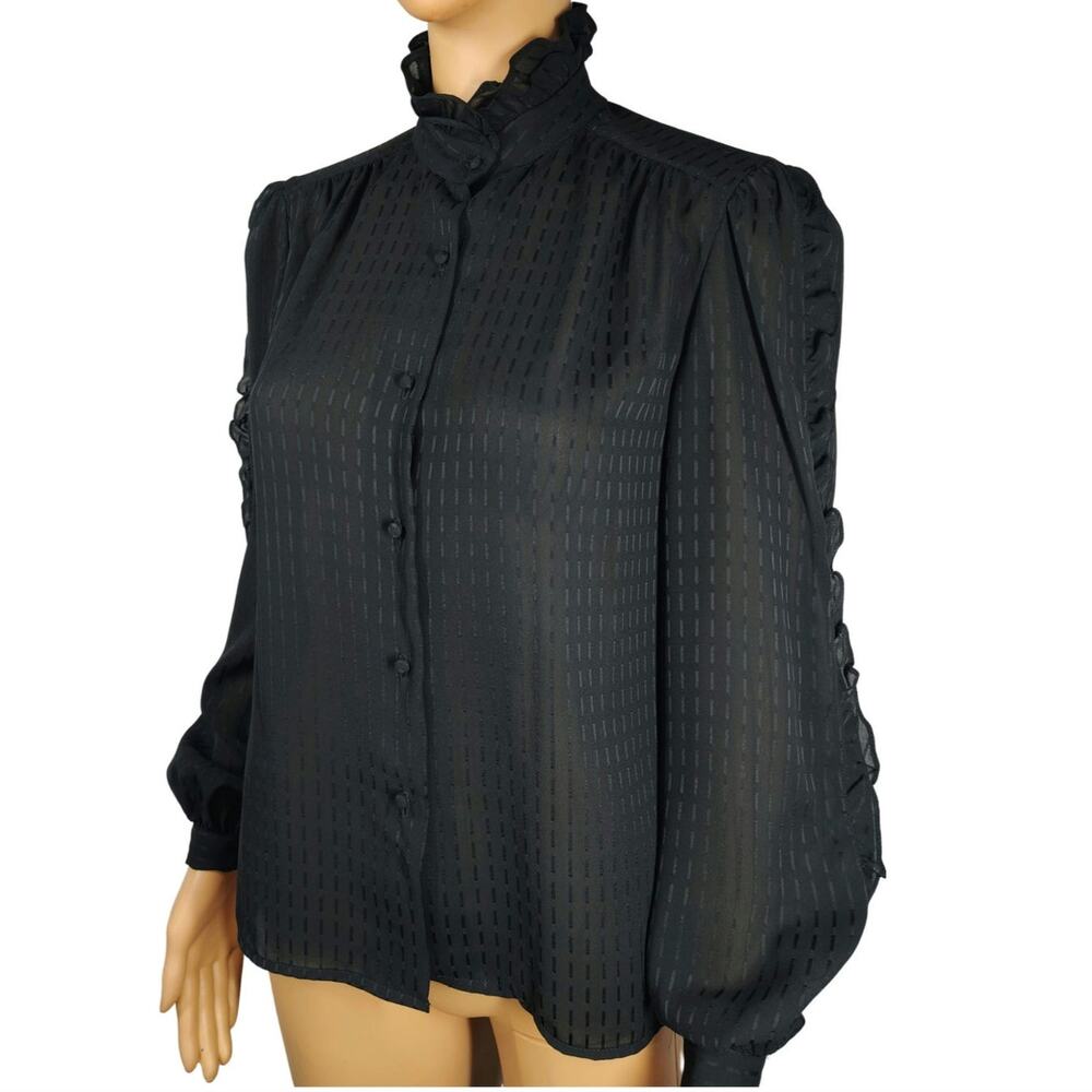70s Alexandria Black Ruffled Long Sleeve Lightly Sheer Button Up Blouse Size 6